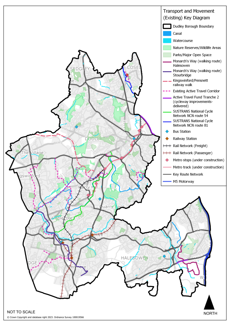 This plan shows the spatial strategy for the Dudley Borough Centres, including the transport and movement across the borough. The plan shows key roads and rail networks across the borough as well as bus roues, SusTrans cycle route and Monarch’s Way walking route. 