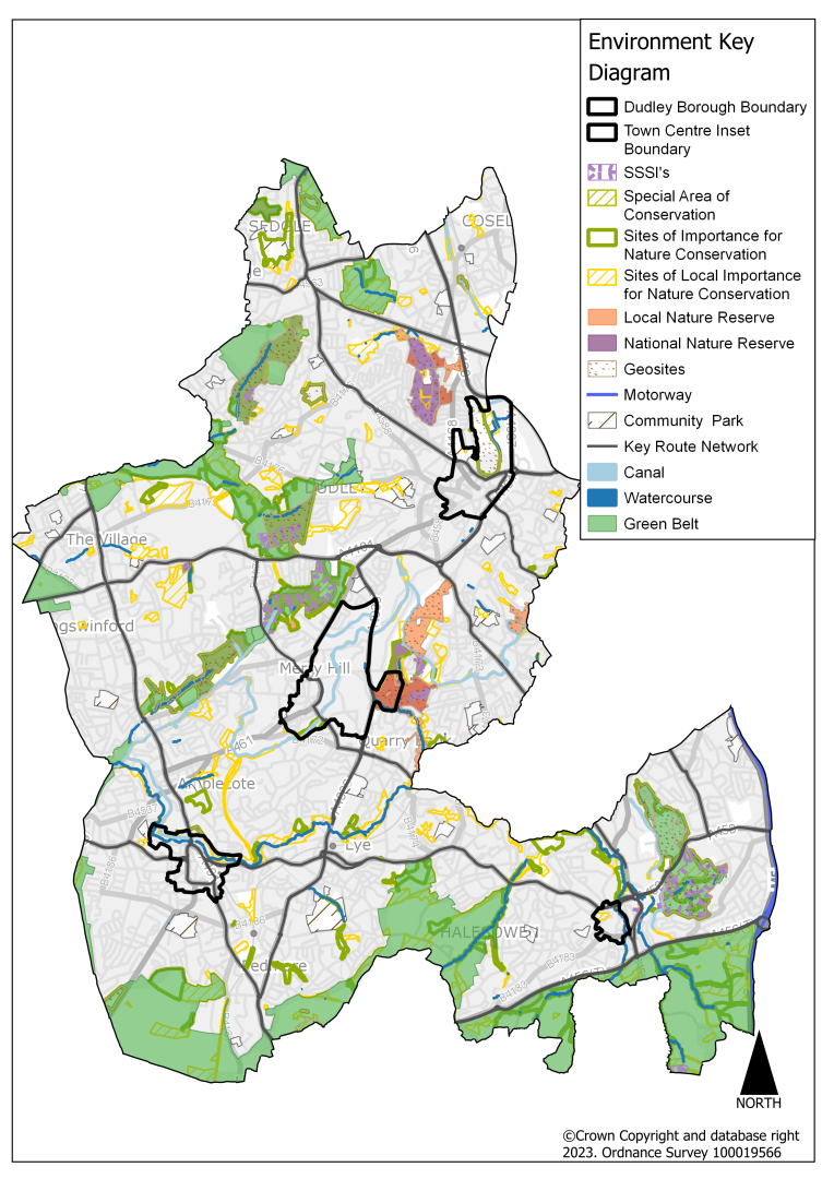 This plan shows the spatial strategy plan for the Environment across the Borough. This includes the green belt land, which is largely on the southern edge of the borough. It also includes Sites of Local Importance for Nature Conservation which are scattered across the borough and Local Nature Reserves, including Saltwells Nature Reserve. 