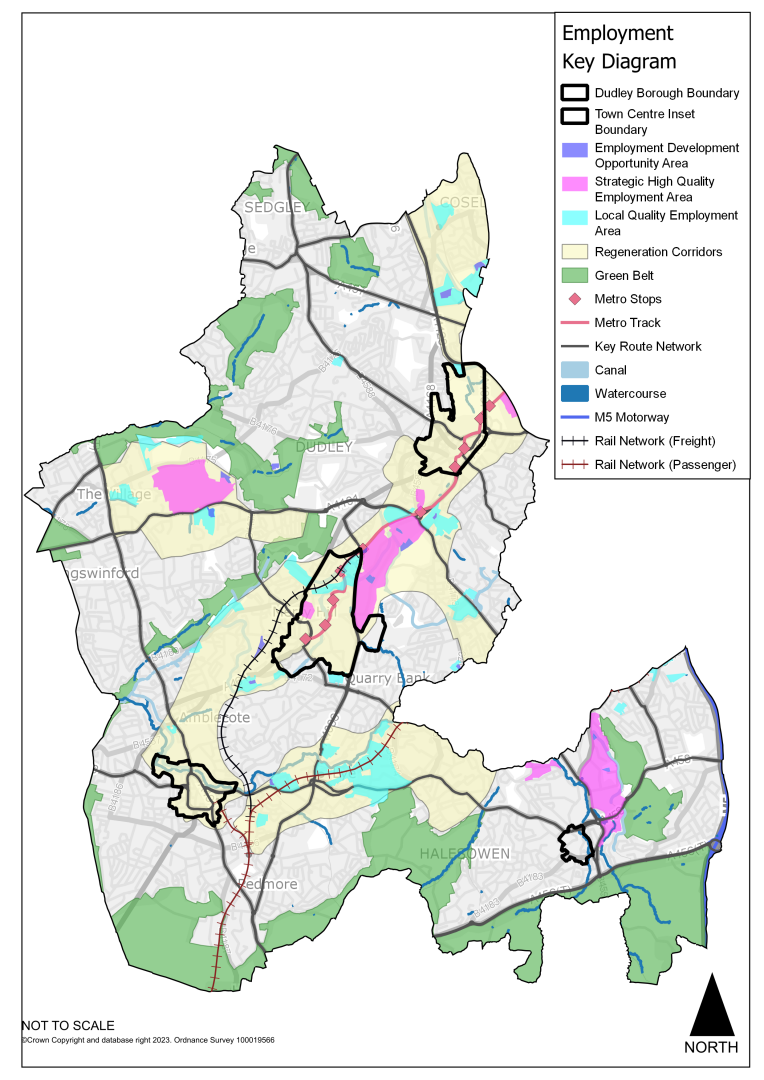 This plan is the spatial strategy plan for employment across the borough. The plan shows the same spatial strategy as in in spatial strategy plan for Dudley Borough, with the additional layers of strategic employment land, local quality employment areas and employment development opportunity areas. Strategic employment areas include Pensnett Trading Estate, Brierley Hill and Coombswood Halesowen.  There are a few small scale employment opportunity areas, a list of these can be found in Part Two of this document  Table 8.1. 