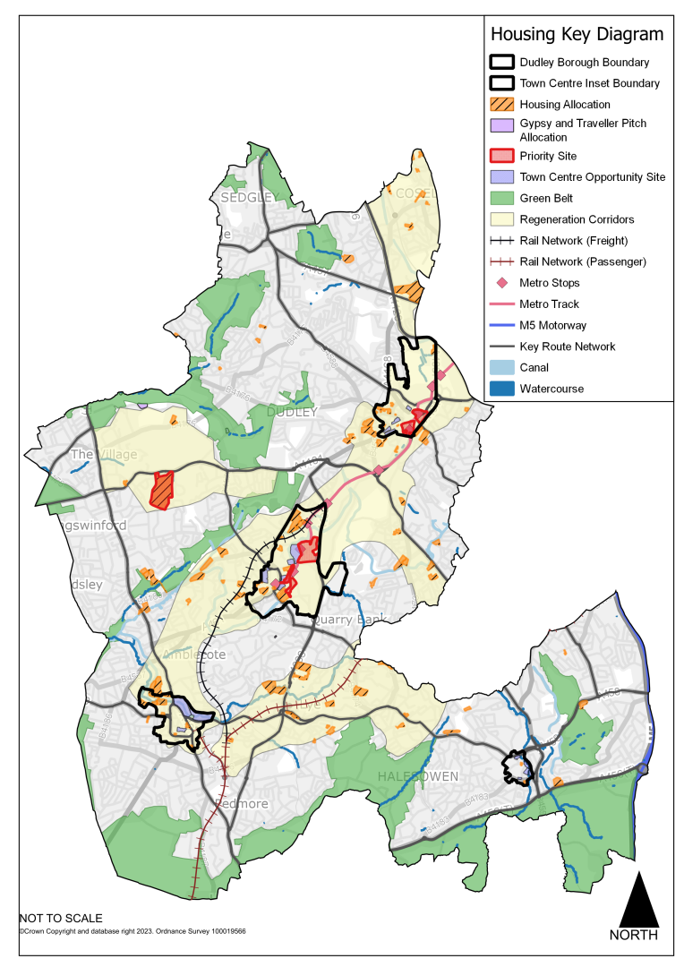 This plan is the spatial strategy plan for housing across the borough. The plan shows the same spatial strategy as in in spatial strategy plan for Dudley Borough, with the added layer of housing allocations. There are a number of housing allocation sites across the borough, most of which are in urban areas and on previously developed land. The largest site is at the former Ketley Quarry near Kingswinford. A full list of housing allocations can be found in Part Two of this Document in Table  6.1 Dudley Housing Site Allocations.