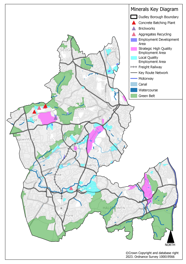 This plan shows the minerals strategy for the borough. These include concrete batching plans, brickworks and aggregates recycling. These are largely to the north of Pensnett Trading Estate near Himley as well as one aggregates recycling facility to the west of Lye. 