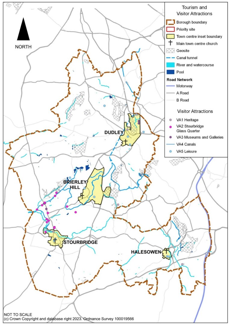 This plan shows the key tourism and visitor attraction sites across the borough, with points marking heritage assets, museums and galleries, town centres churches, leisure and the Stourbridge glass quarter. It also shows the geosites, canals and the town centre inset boundaries. 