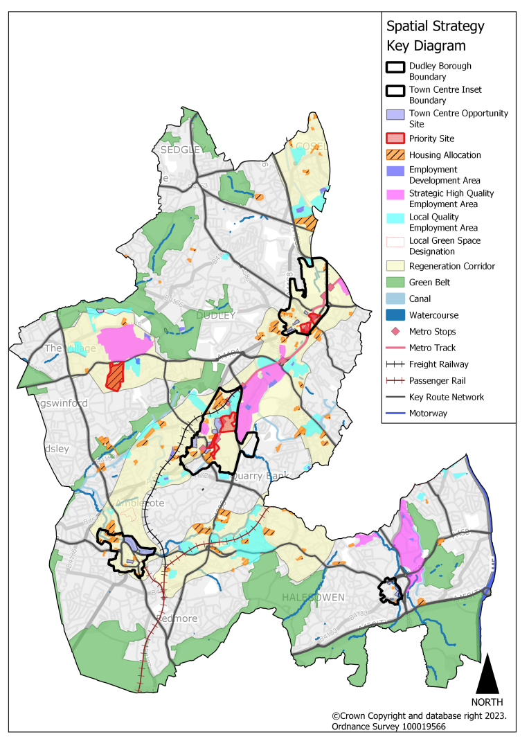 This plan shows the spatial strategy for Dudley Borough. It shows the regeneration corridors, green belt, key strategic high quality employment areas and the proposed housing allocations. Additionally, it highlights the strategic centre of Brierley Hill and the town centres of Dudley, Stourbridge and Halesowen and the key transport routes across the borough.