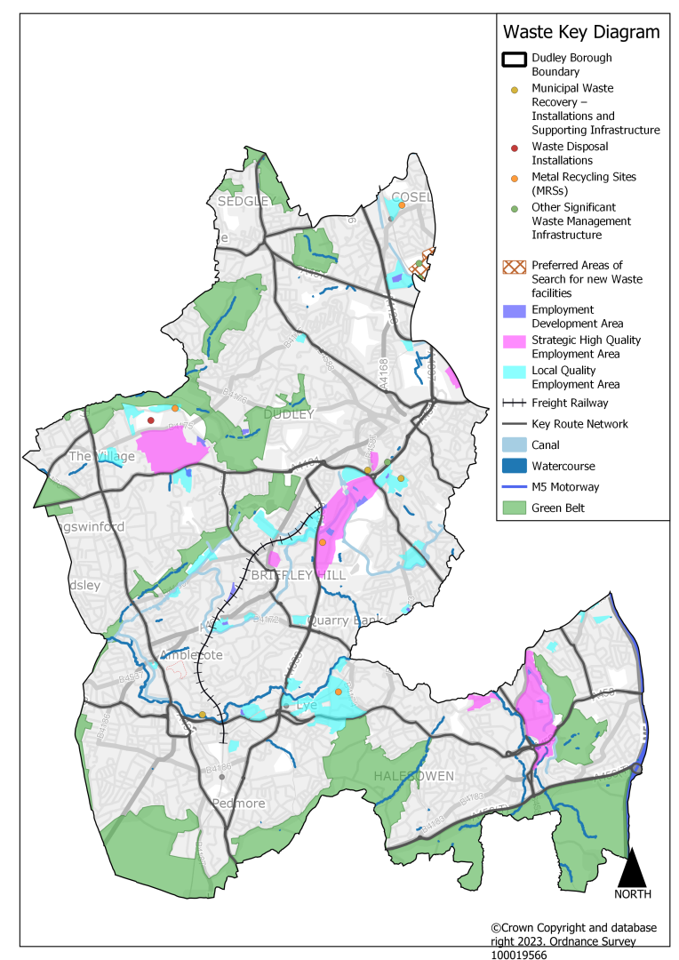 This plan shows the waste strategy for the borough with existing facilities including municipal waste recovery installations and supporting infrastructure, waste disposal installations, metal recycling sites and other significant waste management infrastructure. The plan provides background context of the key transport routes and employment sites. Additionally, it shows preferred areas of search for new waste facilities, which consists of one site south of Coseley on the eastern boundary of the borough.