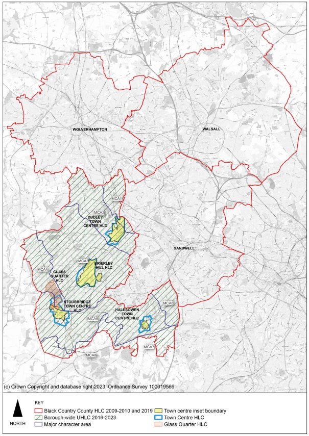 This plan shows historic landscape characterisation studies in the context of the Black Country. These include the town centre studies, glass quarter study, the Black Country County 2009-2010 and 2019 study, the Borough-wide urban historic landscape character study 2016-2023 and the major character area which covers the majority the Black country.