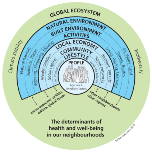 This figure is an illustrative diagram by Barton and Grant from 2010. It shows the determinants of health and wellbeing in our neighbourhoods, represented by a series of concentric circles. These determinants start with people and radiate out to lifestyle, community, local economy, activities, built environment and natural environment. All of these determinants sit within the global ecosystem.