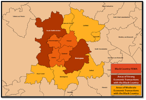 This plan shows the Black Country Functional Economic Market, which consist of Wolverhampton, Walsall, Dudley and Sandwell. Additionally South Staffordshire and Birmingham are areas of strong economic transactions with the Black Country and Wyre Forest, Bromsgrove, Solihull, Lichfield, Cannock Chase and Tamworth are as of moderate economic transaction with the Black Country.  