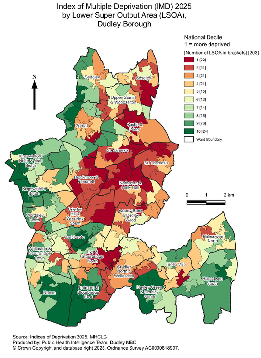 Map of Dudley Borough indexed by deprivation levels, with darker red areas more deprived, lighter green areas least deprived, and labelled Lower Super Output Areas (LSOA).