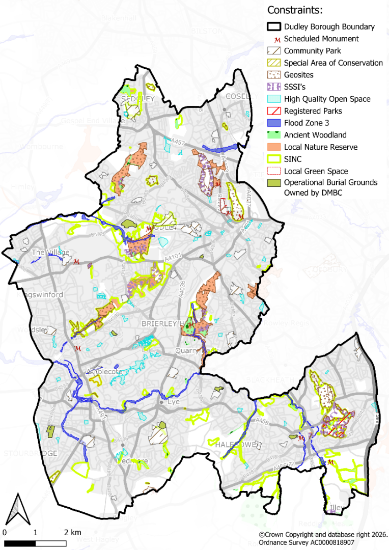 Map showing the environmental constraints within Dudley Borough. The borough boundary is outlined in black and a range of environmental and heritage designations are highlighted, including Scheduled Monuments, Conservation Areas, Special Areas of Conservation, Sites of Special Scientific Interest (SSSIs), Local Nature Reserves, Sites of Importance for Nature Conservation (SINCs), ancient woodland, flood zone 3, high-quality open space, registered parks, local green spaces, geological sites, and operational burial grounds. The map illustrates the distribution of environmental constraints across the borough and highlights areas that may require careful consideration when assessing development opportunities.