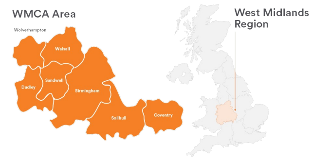 Map showing the SDS area based on West Midlands Combined Authority (WMCA) constituent members. On the left, an orange map labelled “WMCA Area” highlights the constituent local authority areas of Birmingham, Coventry, Dudley, Sandwell, Solihull, Walsall, and Wolverhampton. The boundaries between the authorities are marked, and each area is labelled. On the right, a map of Great Britain labelled “West Midlands Region” shows the West Midlands highlighted in a pale orange colour to indicate its location within the UK. The figure title reads “Figure 1. SDS area based on WMCA constituent members” and the source is cited as “WMCA State of the Region 2024–2025.”