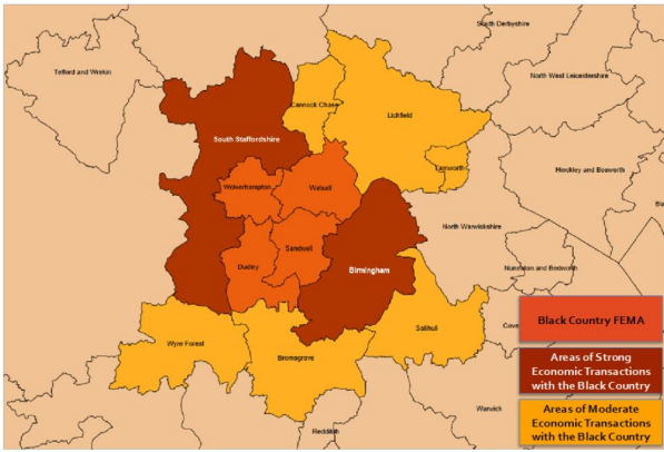The figure illustrates the Black Country Functional Economic Market Area (FEMA), comprising Dudley, Sandwell, Walsall and Wolverhampton, and highlights its wider economic connections across the region. Birmingham is identified as having particularly strong economic links with the Black Country, while neighbouring authorities including South Staffordshire, Cannock Chase, Lichfield, Tamworth, Solihull, Bromsgrove and Wyre Forest have moderate economic relationships. The map demonstrates that the Black Country functions as part of a broader interconnected economic area that extends beyond its administrative boundaries.