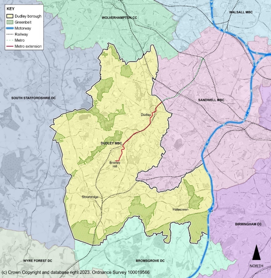 Map showing Dudley Metropolitan Borough and neighbouring local authorities. Dudley is highlighted in pale yellow with areas of Green Belt shown in green hatching. Surrounding authorities include Wolverhampton, Walsall, Sandwell, Birmingham, Bromsgrove, Wyre Forest, and South Staffordshire. Major transport routes, railways, and the West Midlands Metro line are also shown, illustrating Dudley’s location and connections within the wider Black Country and West Midlands area.