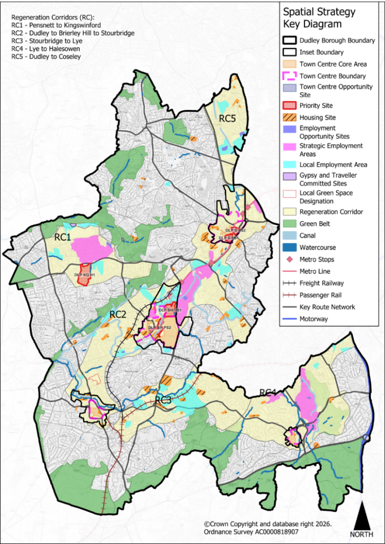 Map showing the Dudley Local Plan Spatial Strategy across the borough. The map identifies the Dudley Borough boundary, town centres, town centre opportunity sites, housing and employment allocations, regeneration corridors (RC1–RC5), and areas of Green Belt. Strategic transport infrastructure, including the Metro line, railways, and motorways, is also shown, together with canals and watercourses. The figure illustrates the distribution of proposed development, regeneration, and investment areas across the borough and their relationship to the wider transport network.