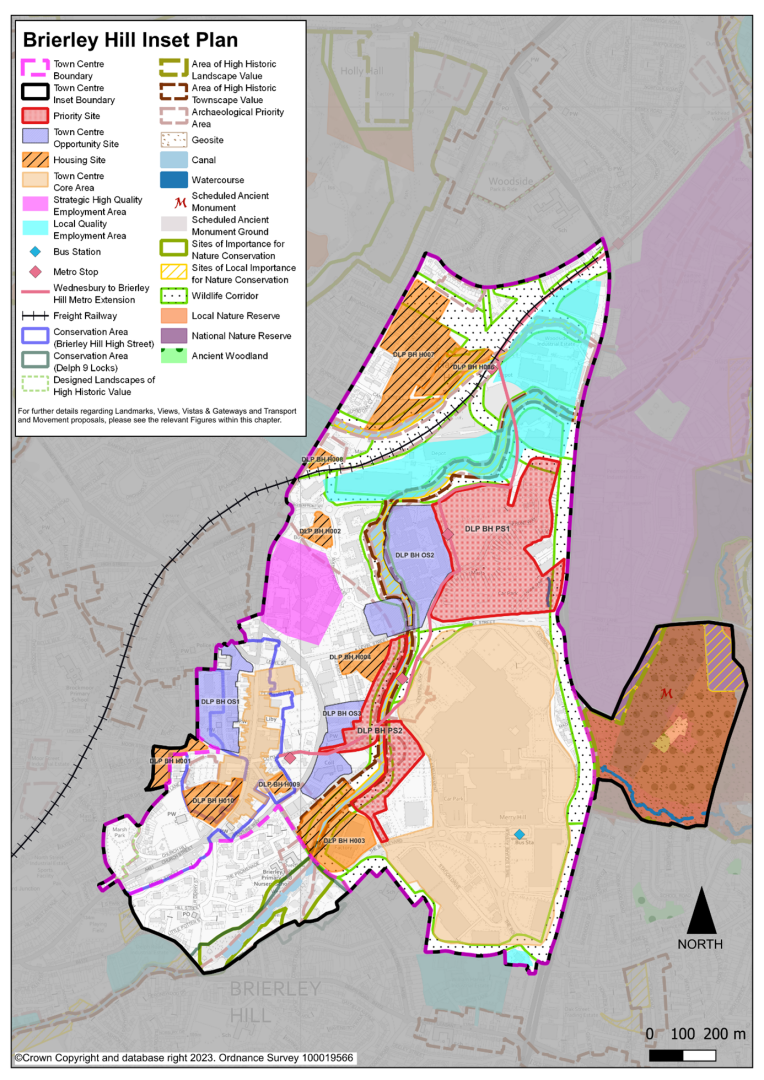 This plan shows the Brierley Hill Inset Area. This includes the town centre core areas of Brierley Hill and Merry Hill. It also shows the Town Centre Opportunity sites and proposed housing allocations which are listed in Table 1.1. 