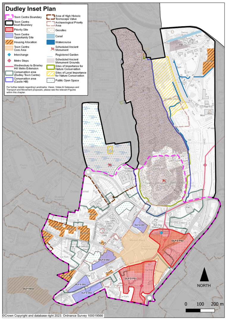 This plan shows the Dudley inset area. This includes a large area to the north covering Castle Hill which is a geosite and Scheduled Ancient Monument. The site shows the housing allocations and proposed employment sites, which are listed in table 6.1. 