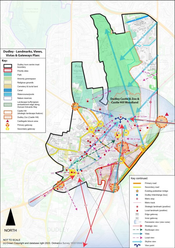 This plan sows the landmarks, views, vistas and gateways in Dudley town. There are panoramic views looking south towards Dudley Castle and views from south of the area looking further south outwards. Many of the local views look over onto the castle. Policy DLPD3 Dudley Design - Landmarks, Views, Vistas and Gateways for more detail. 