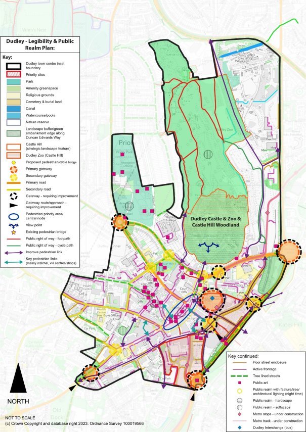 This plan shows the Dudley Town Legibility and Public Realm. A key viewpoint is from the castle looking south over the town centre.  Policy DLPD4 Public Realm in Dudley for more detail.