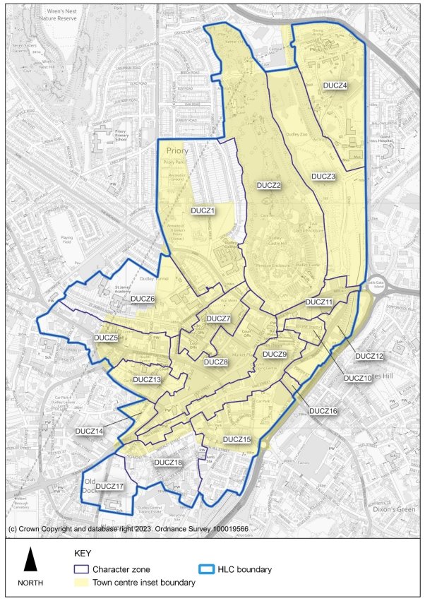 This plan shows the Dudley Urban Historic Landscape Characterisation. The HLC boundary follows that of the character zone and covers a slightly larger area that the town centre inset boundary to include a further section to the west. There are 18 character zones marked on the plan.  See Policy DLPD5 Conservation and Enhancement of Local Character and Distinctiveness in Dudley for more detail