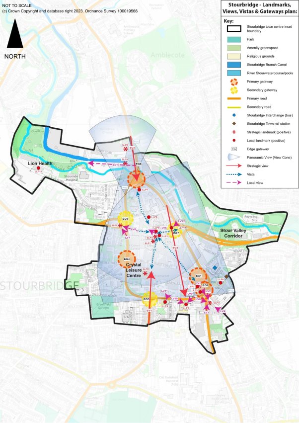 This plan shows the landmarks, views, vistas and gateways in Stourbridge town. There is a panoramic view from the eastern boundary overlooking much of the town centre.  See Policy DLPS4 Stourbridge Town Design - Landmarks, Views, Vistas and Gateways for more detail.