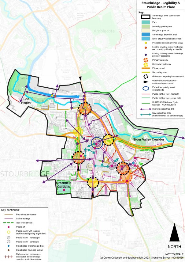 This plan shows the legibility and public realm in Stourbridge. See Policy DLPS5 Public Realm in Stourbridge for more detail.