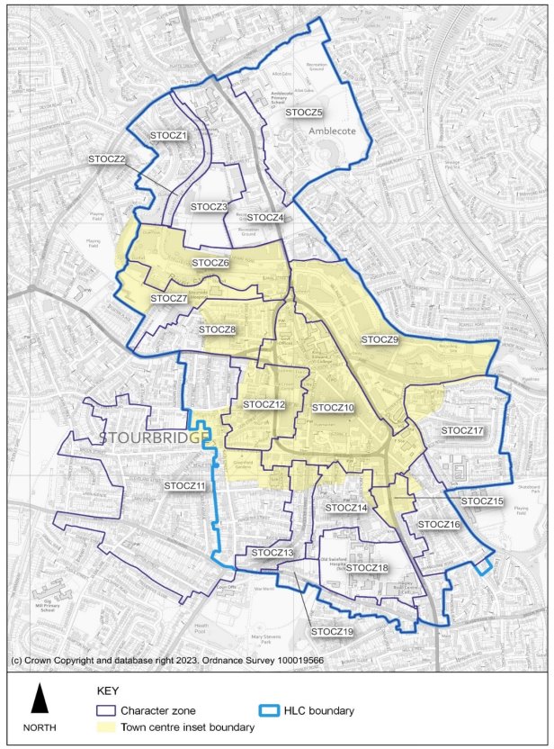 This plan shows the urban historic landscape character zones of Stourbridge. The historic landscape and character zones extend further than the Stourbridge inset boundary. There are 19 character zones shown in the plan. See Policy DLPS6 Conservation and Enhancement of Local Character and Distinctiveness in Stourbridgefor more detail