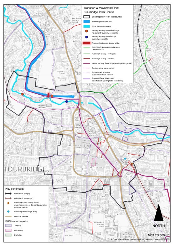 This plan is for the transport and movement in Stourbridge Town Centre. It shows the River Stour corridor crossing the area from north west to south east and the key road network across the town centre. There is a proposed pedestrian and cycle price over the canal north of Stourbridge hospital.  See Policy DLPS8 Pedestrian Access and Cycling in Stourbridge for more detail.