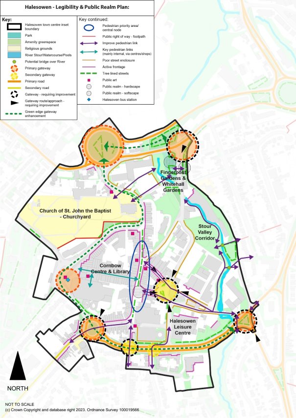 This figure shows the Halesowen legibility and public realm plan.  Policy DLPH5 Public Realm in Halesowen provides more details.