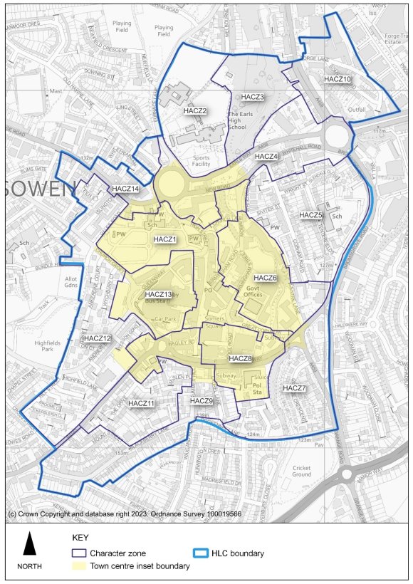 This plan shows the urban historic landscape character zones of Halesowen. The historic landscape and character zones extend further than the Halesowen inset boundary. There are 14 character zones shown in the plan.