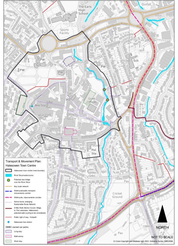 This plan shows the transport and movement plan for Halesowen Town Centre. There is a proposed walk/cycle improvement corridor along the A459 and a couple of points to show potential new bridges over the river stour to the east of the town centre. 