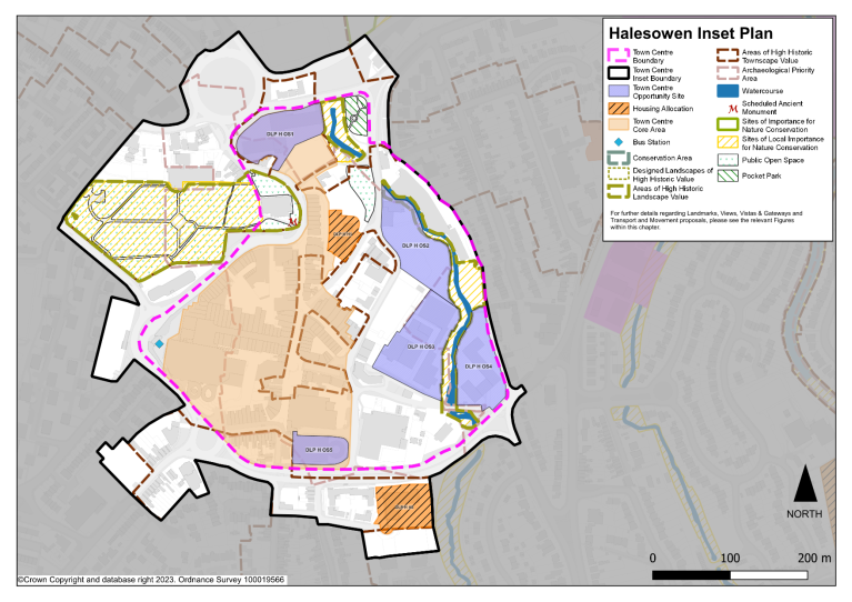 This plan shows the Halesowen Inset Plan. It shows the Town Centre Core Area, the proposed town centre opportunity sites and the housing allocations. A list of these can be found in Table 4.1. Policy DLPH7 Conservation and Enhancement of Local Character and Distinctiveness in Halesowen provides more detail.