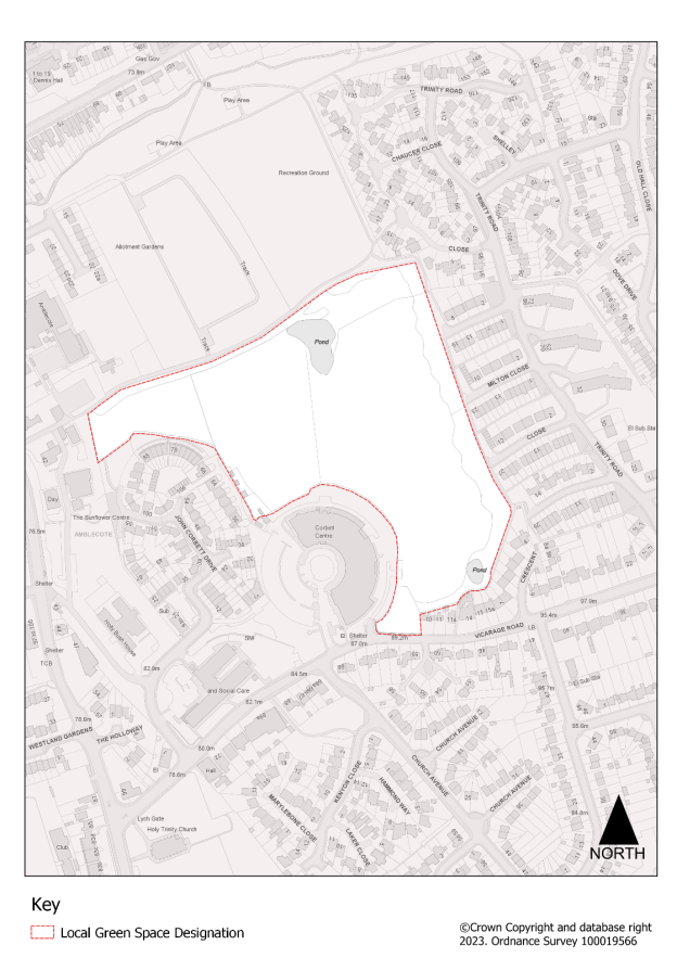 This is a red line plan of the proposed Local Green Space designation of Corbett Meadow. See Policy Policy DLPLGS1 Corbett Meadow Local Green Spacefor more detail.