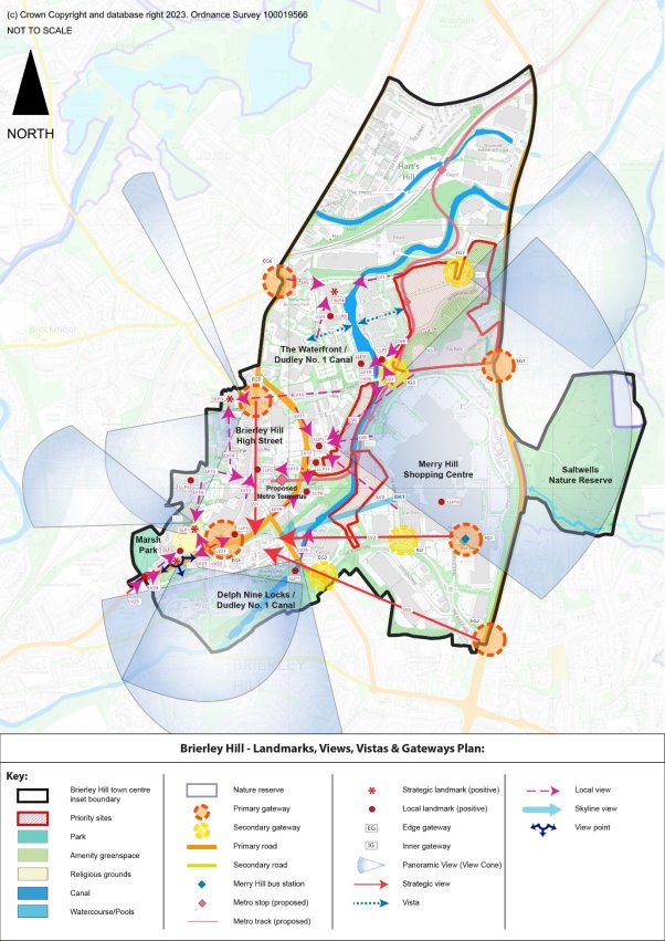 This figure shows landmarks, views, vistas and gateways in Brierley Hill. The panoramic views largely look outside of the Brierley Hill inset area outwards towards other areas of the borough, including Saltwells Nature Reserve. There are a number of local views within the area, largely facing towards Brierley Hill Centre. Please refer to Policy DLPBH2 Brierley Hill Design - Landmarks, Views, Vistas and Gateways for more detail.