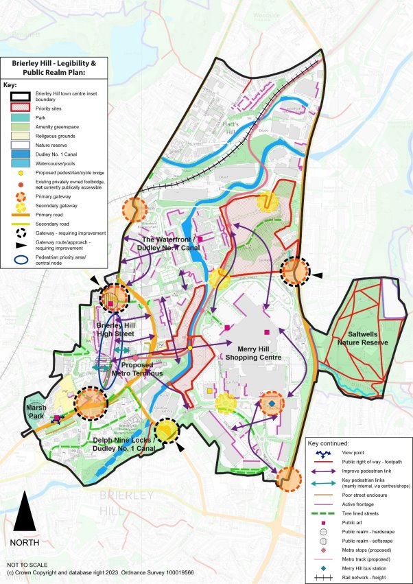 This plan shows Brierley Hill Legibility and Public Realm. It highlights are number of areas to improve pedestrian links such as between Brierley Hill and the Merry Hill Shipping Centre and towards the Waterfront. The plan highlights the priority sites within the area which are Land at Waterfront Way and Level Street and The Embankment / Daniels Land Please refer to Policy DLPBH3 Public Realm in Brierley Hill for more detail.