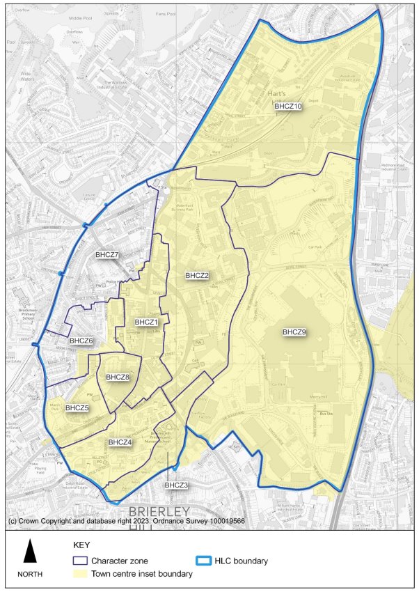 This plan shows the Brierley Hill Urban Historic Landscape Characterisation. The HLC boundary follows that of the character zone and covers a slightly larger area that the town centre inset boundary to include a further section to the west. There are 10 character zones marked on the plan. Please refer to Policy DLPBH5 Conservation and Enhancement of Local Character and Distinctiveness in Brierley Hill  for more detail.