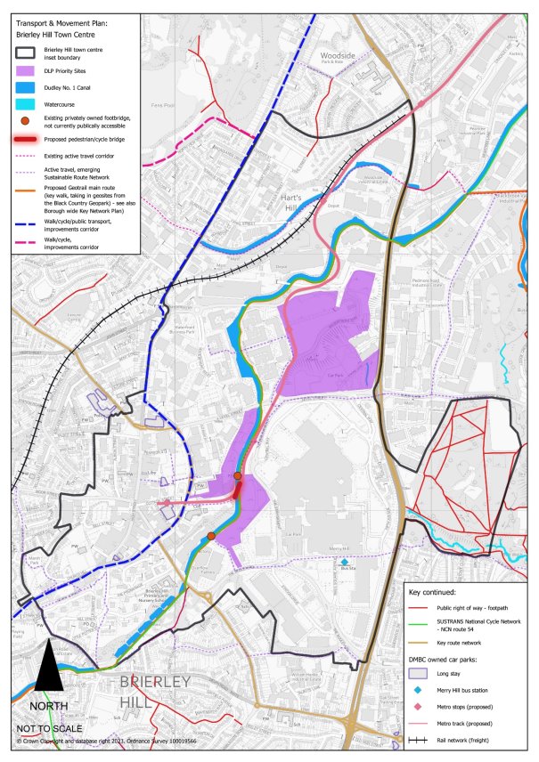 This figure shows the Brierley Hill Transport and movement plan. This includes a proposed pedestrian and cycle bridge over the canal between the Brierley Hill and the Merry Hill Shopping Centre. There is also a walk/cycle/public transport improvement corridor running north to south across Brierley Hill along the Stourbridge Road and Venture Way.