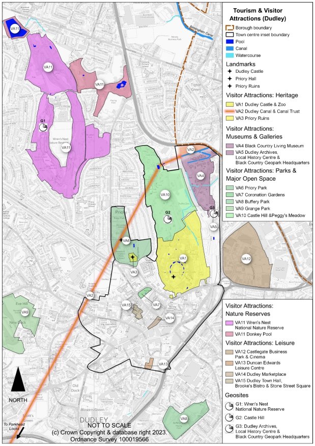 This plan shows Dudley town tourism and visitor attractions. These include the landmarks and heritage visitor attractions of Dudley Castle and Zoo, Priory Hall, Priory Ruins and the canal. Additionally, there is the Black Country Living Museum, Dudley Archives, Black Country geopark headquarters and a number of major open spaces.  