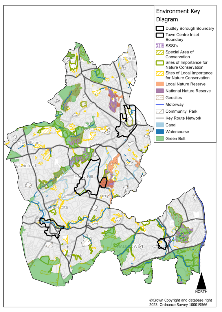 This plan shows the spatial strategy plan for the Environment across the Borough. This includes the green belt land, which is largely on the southern edge of the borough. It also includes Sites of Local Importance for Nature Conservation which are scattered across the borough and Local Nature Reserves, including Saltwells Nature Reserve.