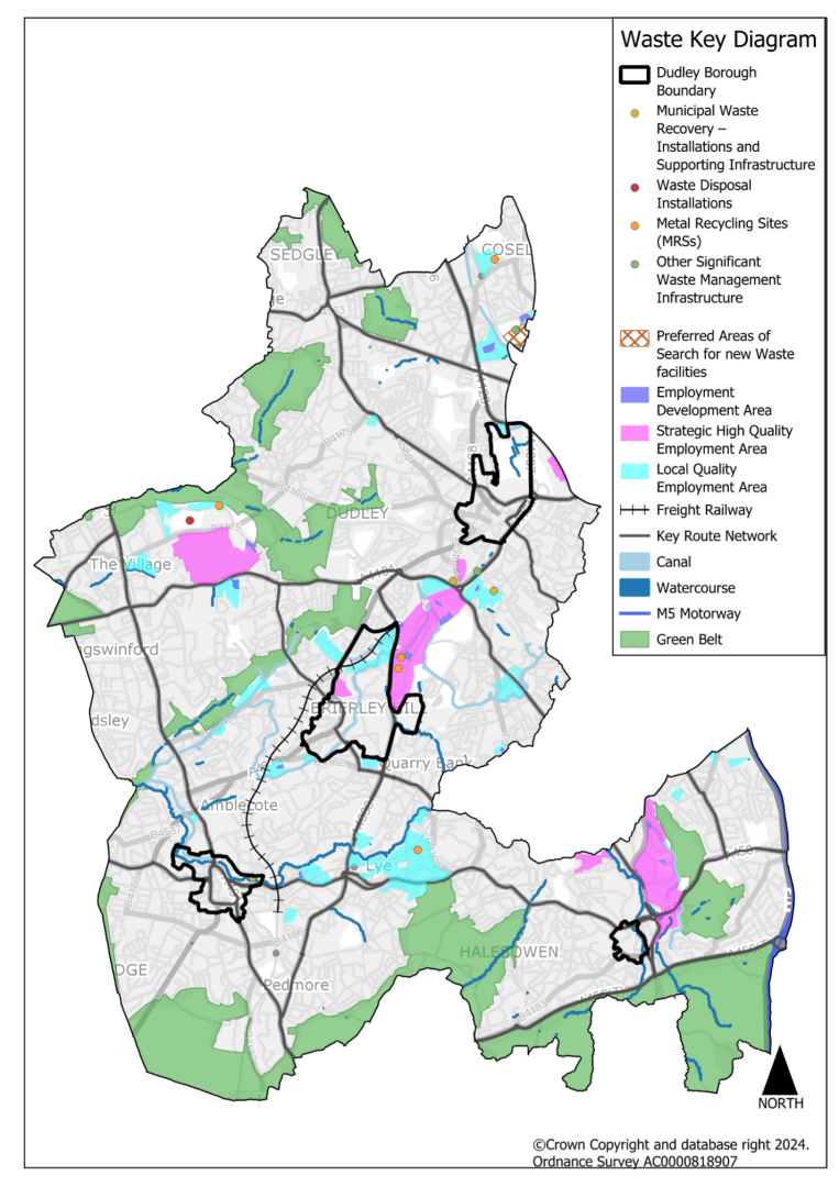 This plan shows the waste strategy for the borough with existing facilities including municipal waste recovery installations and supporting infrastructure, waste disposal installations, metal recycling sites and other significant waste management infrastructure. The plan provides background context of the key transport routes and employment sites. Additionally, it shows preferred areas of search for new waste facilities, which consists of one site south of Coseley on the eastern boundary of the borough.