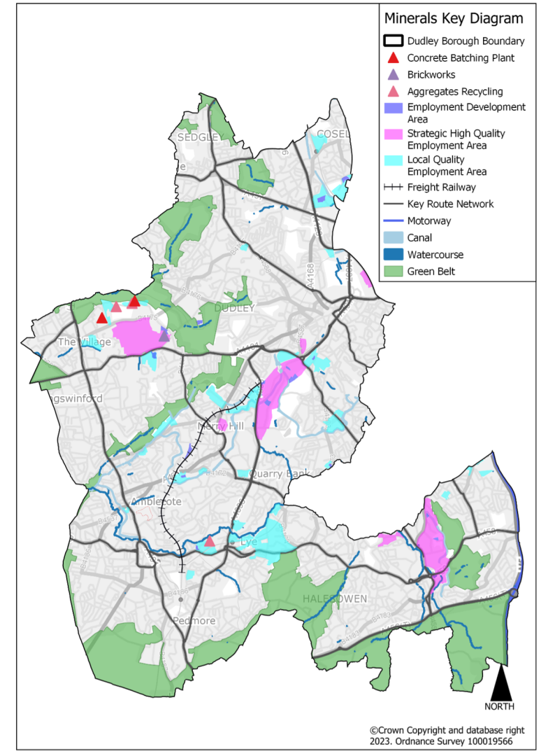 This plan shows the minerals strategy for the borough. These include concrete batching plans, brickworks and aggregates recycling. These are largely to the north of Pensnett Trading Estate near Himley as well as one aggregates recycling facility to the west of Lye. 