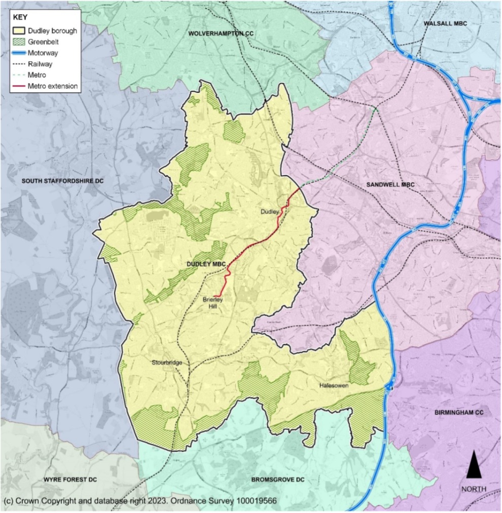 This figure shows the boundary of the Dudley Borough with the surrounding local authorities.  The plan also includes designated green belt, motorway, railway and metro, including the metro extension.