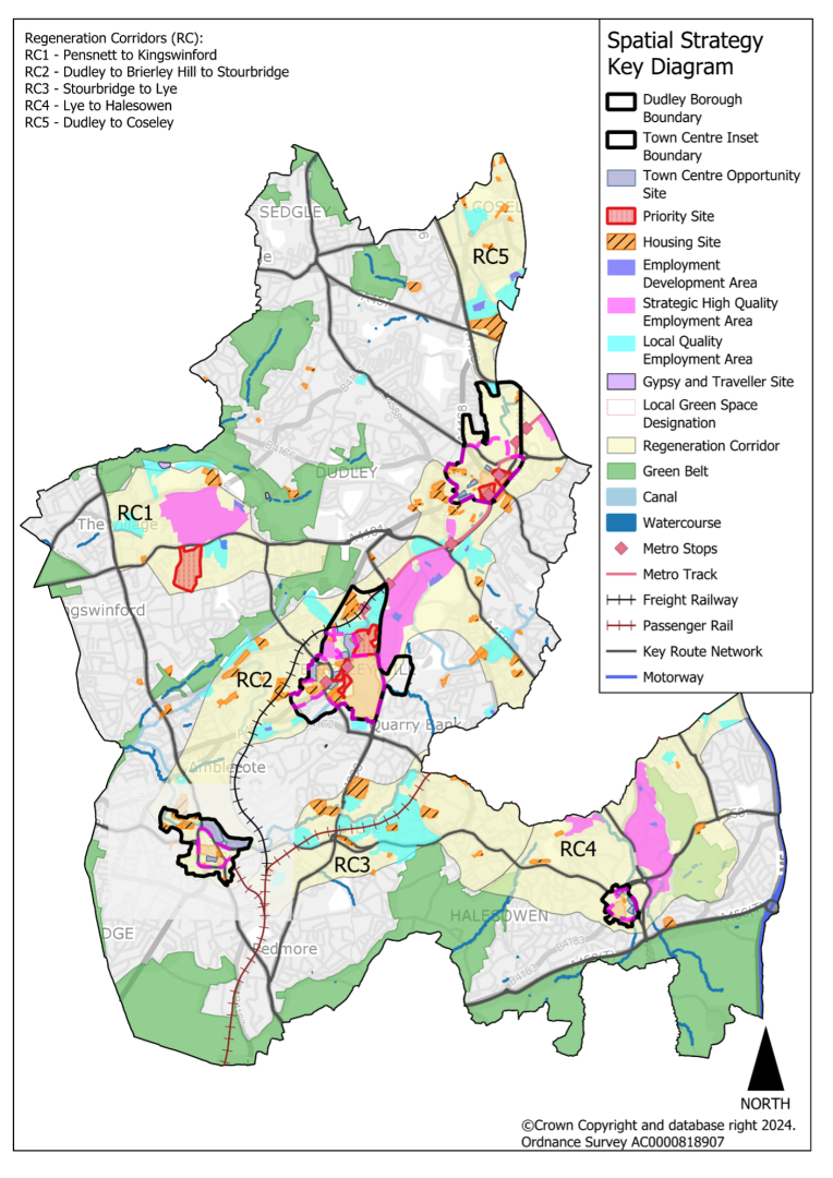 This plan shows the spatial strategy for Dudley Borough. It shows the regeneration corridors, green belt, key strategic high quality employment areas and the proposed housing allocations. Additionally, it highlights the strategic centre of Brierley Hill and the town centres of Dudley, Stourbridge and Halesowen and the key transport routes across the borough.