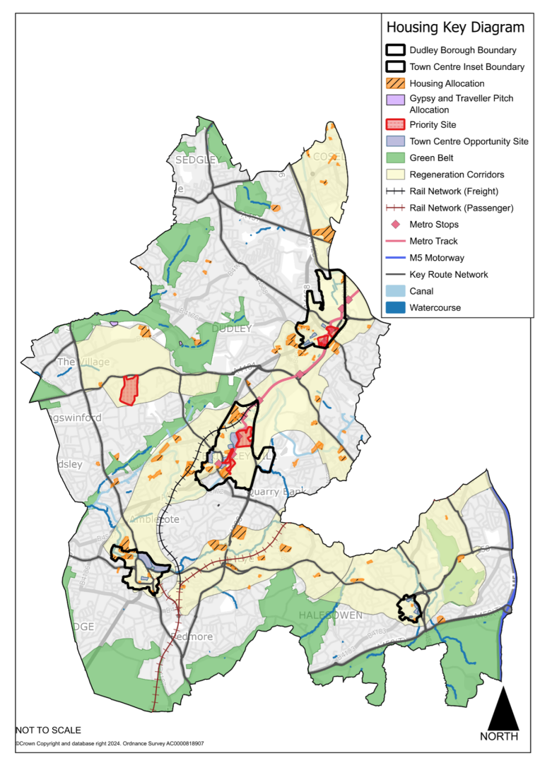 This plan is the spatial strategy plan for housing across the borough. The plan shows the same spatial strategy as in in spatial strategy plan for Dudley Borough, with the added layer of housing allocations. There are a number of housing allocation sites across the borough, most of which are in urban areas and on previously developed land. The largest site is at the former Ketley Quarry near Kingswinford. A full list of housing allocations can be found in Part Two of this Document in Table  6.1 Dudley Housing Site Allocations.