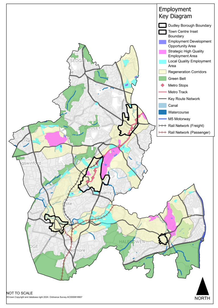 This plan is the spatial strategy plan for employment across the borough. The plan shows the same spatial strategy as in in spatial strategy plan for Dudley Borough, with the additional layers of strategic employment land, local quality employment areas and employment development opportunity areas. Strategic employment areas include Pensnett Trading Estate, Brierley Hill and Coombswood Halesowen.  There are a few small scale employment opportunity areas, a list of these can be found in Part Two of this document  Table 8.1. 