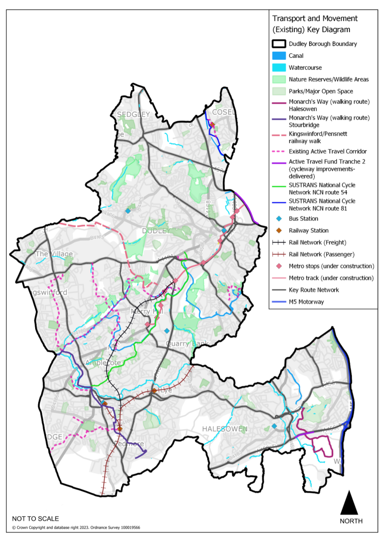 This plan shows the spatial strategy for transport across the borough, including the transport and movement across the borough. The plan shows key roads and rail networks across the borough as well as bus roues, SusTrans cycle route and Monarch’s Way walking route. 