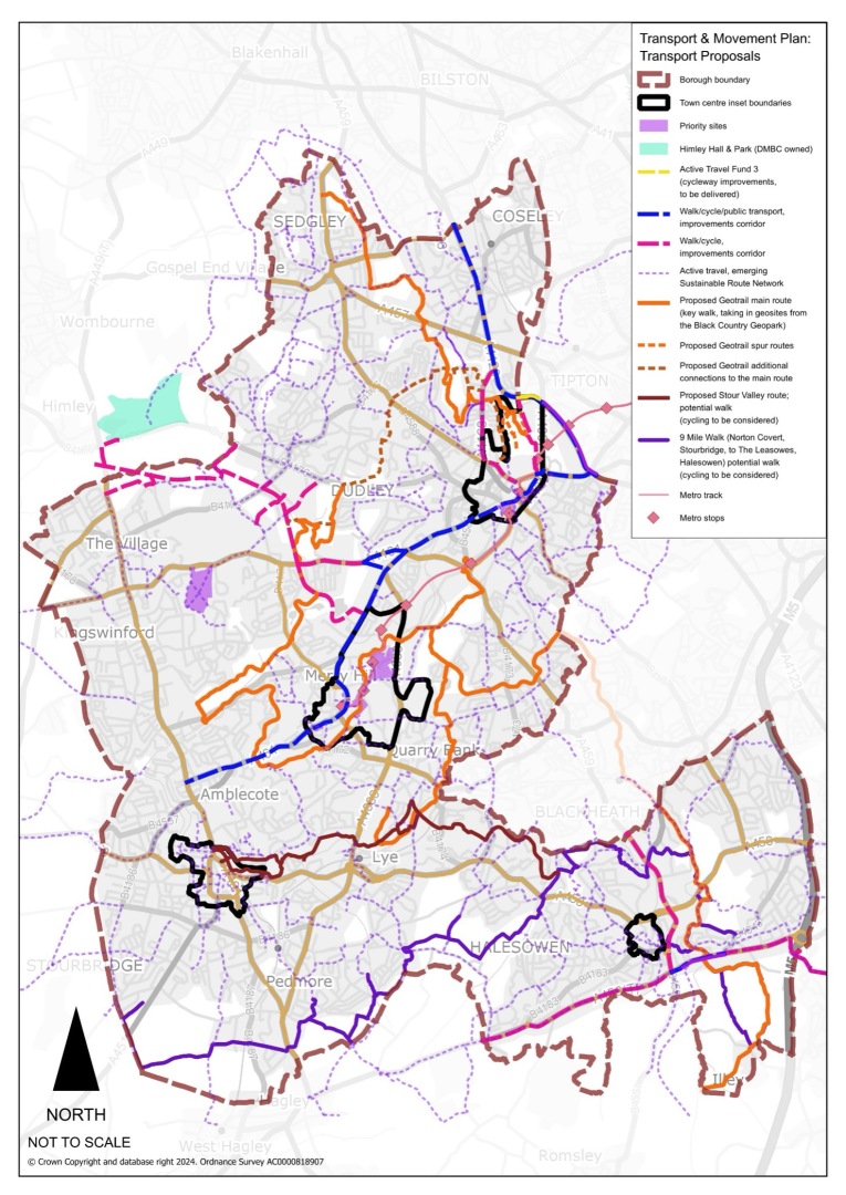 This plan shows the spatial strategy for active travel across the borough, including walk/cycle networks, active travel sustainable route networks, metro track and metro stops. The plan includes active travel routes such as, proposed stour valley route and the 9 mile walk.