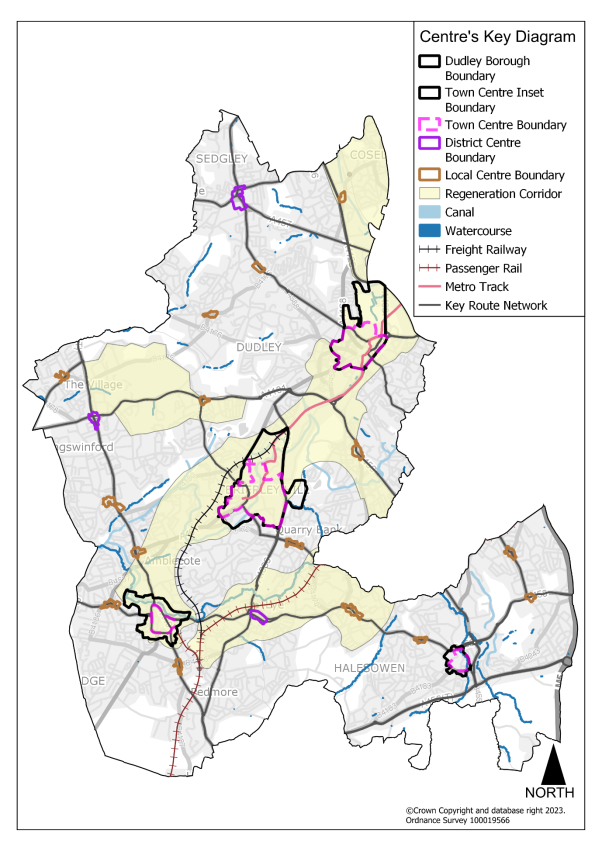 This plan shows the spatial strategy for the Dudley Borough Centres, including the transport and movement across the borough. The plan shows key roads and rail networks across the borough as well as bus roues, SusTrans cycle route and Monarch’s Way walking route. 