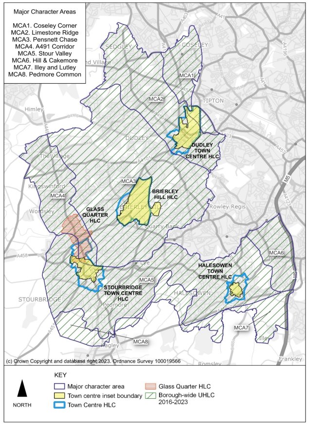 This plan shows the historic landscape character studies within the borough alone. It shows the major character areas which are Coseley Corner, Limestone Ridge, Pensnett Chase, A491 corridor, Stour Valley, Hill and Cakemore, Illey and Lutley and Pedmore Common. 