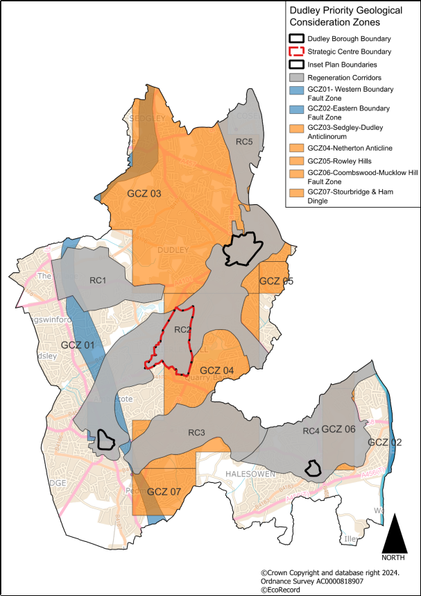 This plan shows the Dudley Priority Geological Conservation Zones, including Western Boundary Fault Zone, Eastern Boundary Fault Zone, Sedgley to Dudley Anticilinorum, Netherton anticline, Rowley Hills, Coombswood to Mucklow Hill Fault zone and Stourbridge and Ham Dingle.