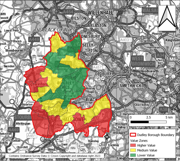 This plan shows the housing value zones across the borough. It shows pockets of higher value zones to the south of the borough south of Stourbridge and Halesowen and a pocket around Kingswinford. The rest of the borough is split between lower and medium value zones, with the lowest value areas being around Brierley Hill and stretching north to the areas below Sedgley.