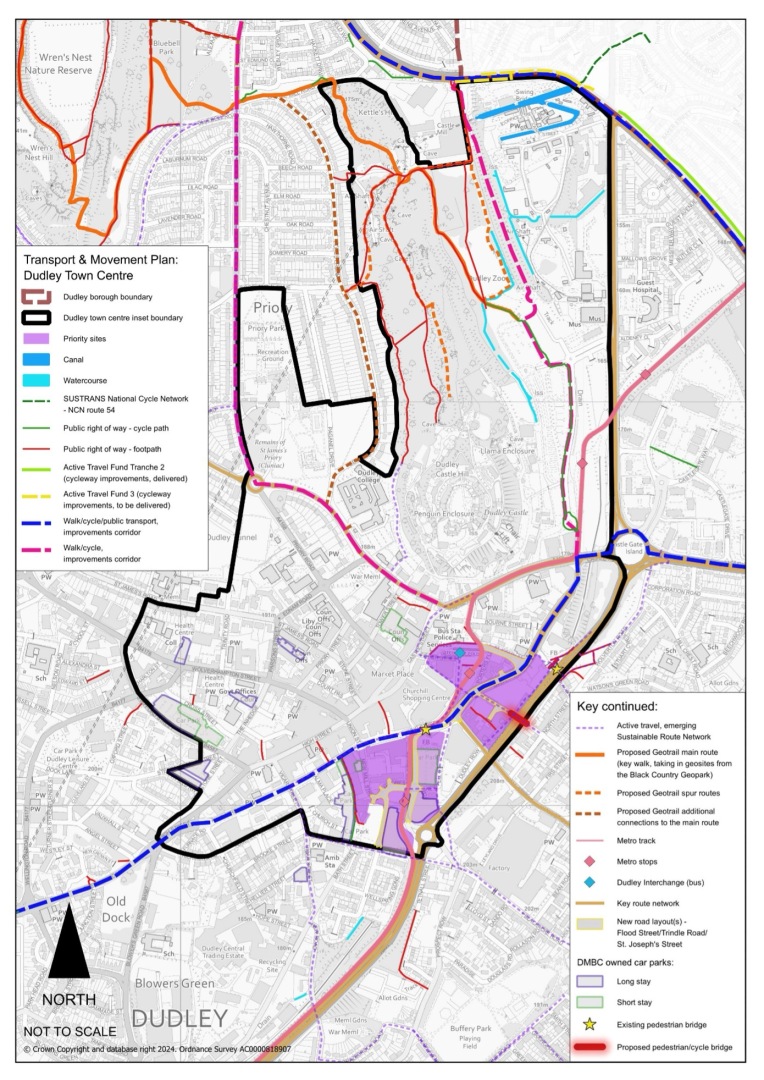 This plan shows the Dudley Town Centre boundary and includs the transport and movement within the centre. The plan illustrates the public right of ways, walk/cycle routes and the metro track crossing through the town centre boundary. The plan also shows the long story/short stay car parks within the town centre. 